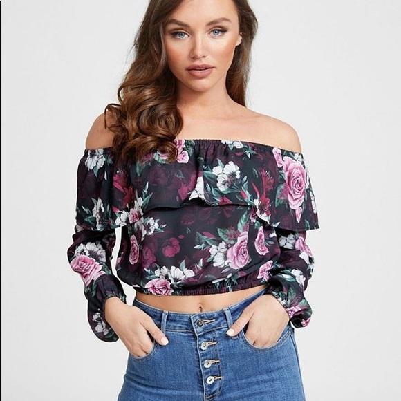Guess Tops - GUESS Ruffle Top Black with Pink Flower Size S